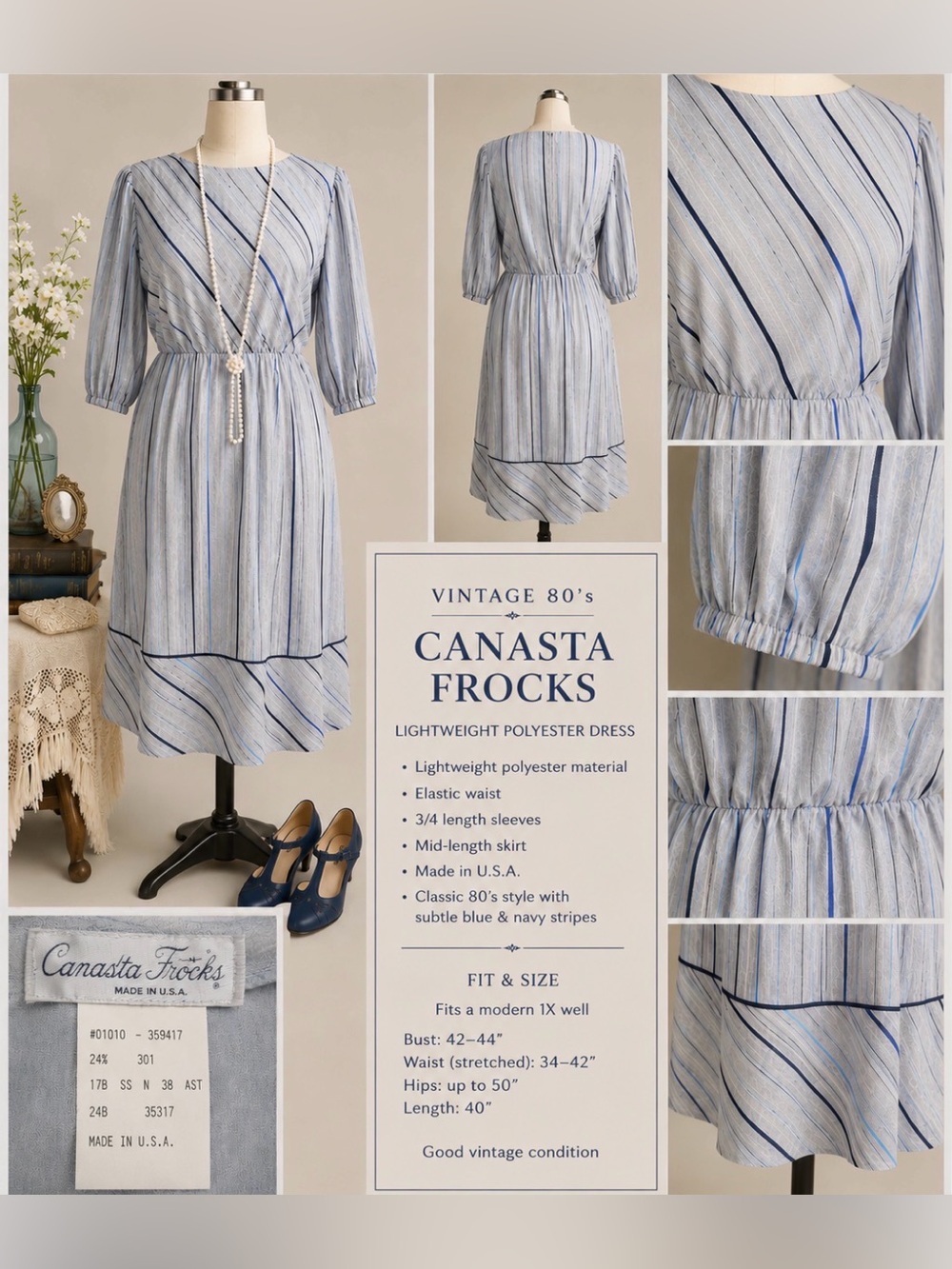 *Vintage 80’s plus size- Diagonal Striped Gray and Blue Dress with satin sash